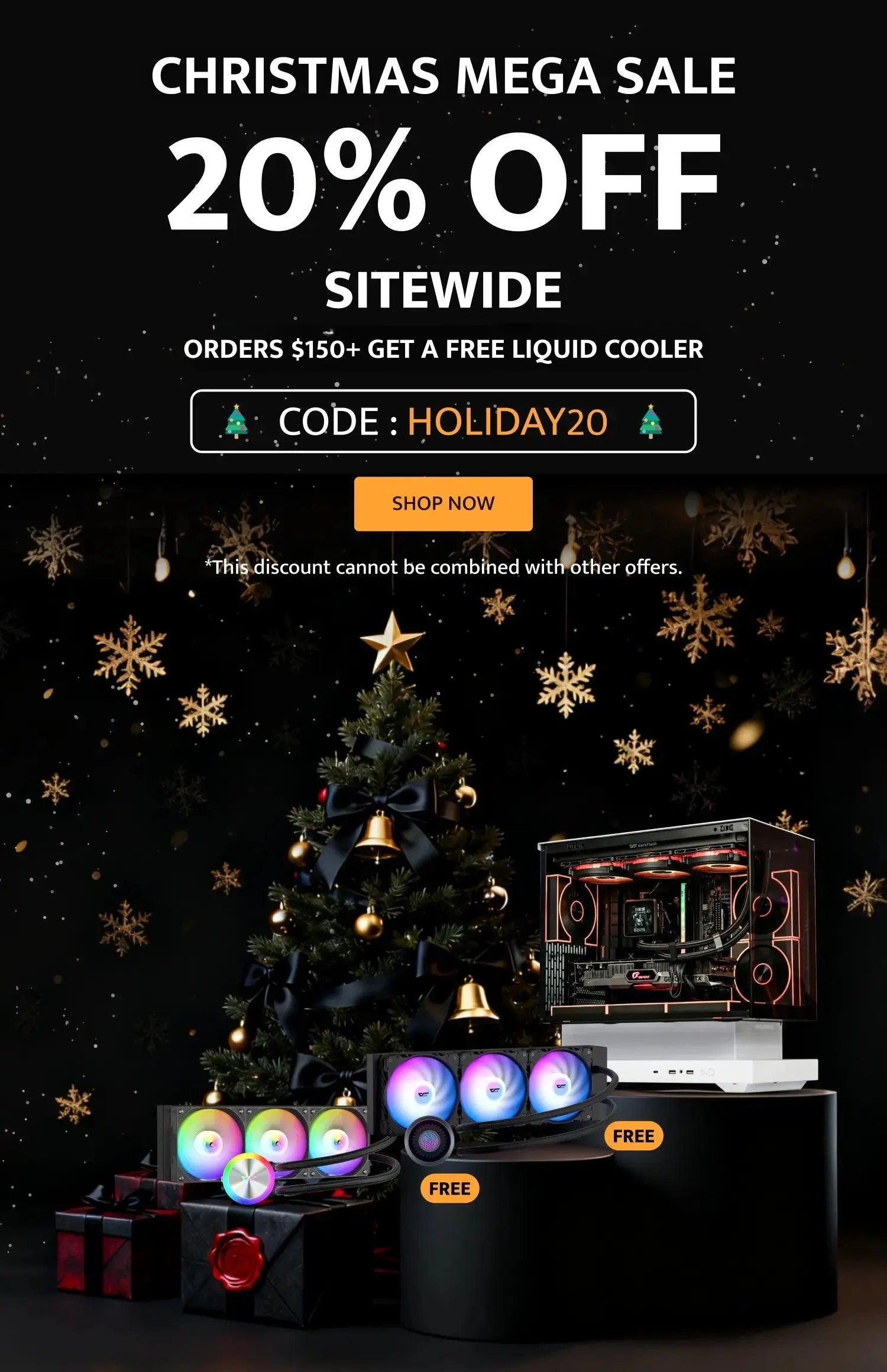 Promotional graphic for a Christmas mega sale with computer hardware and lights, featuring a tree and decorative elements.