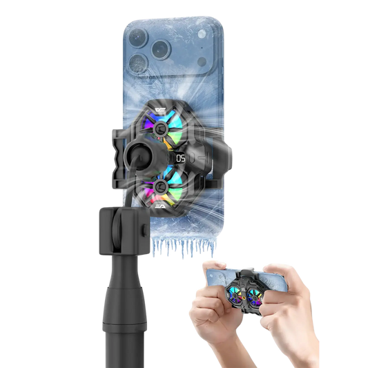 Phone with a cooling pad and RGB lights held by a hand on a white background