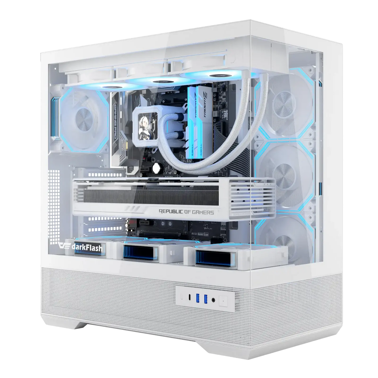 White computer case with transparent side panel displaying internal components