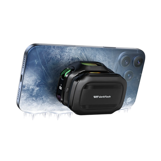 Black darkFlash device attached to a smartphone on a white background