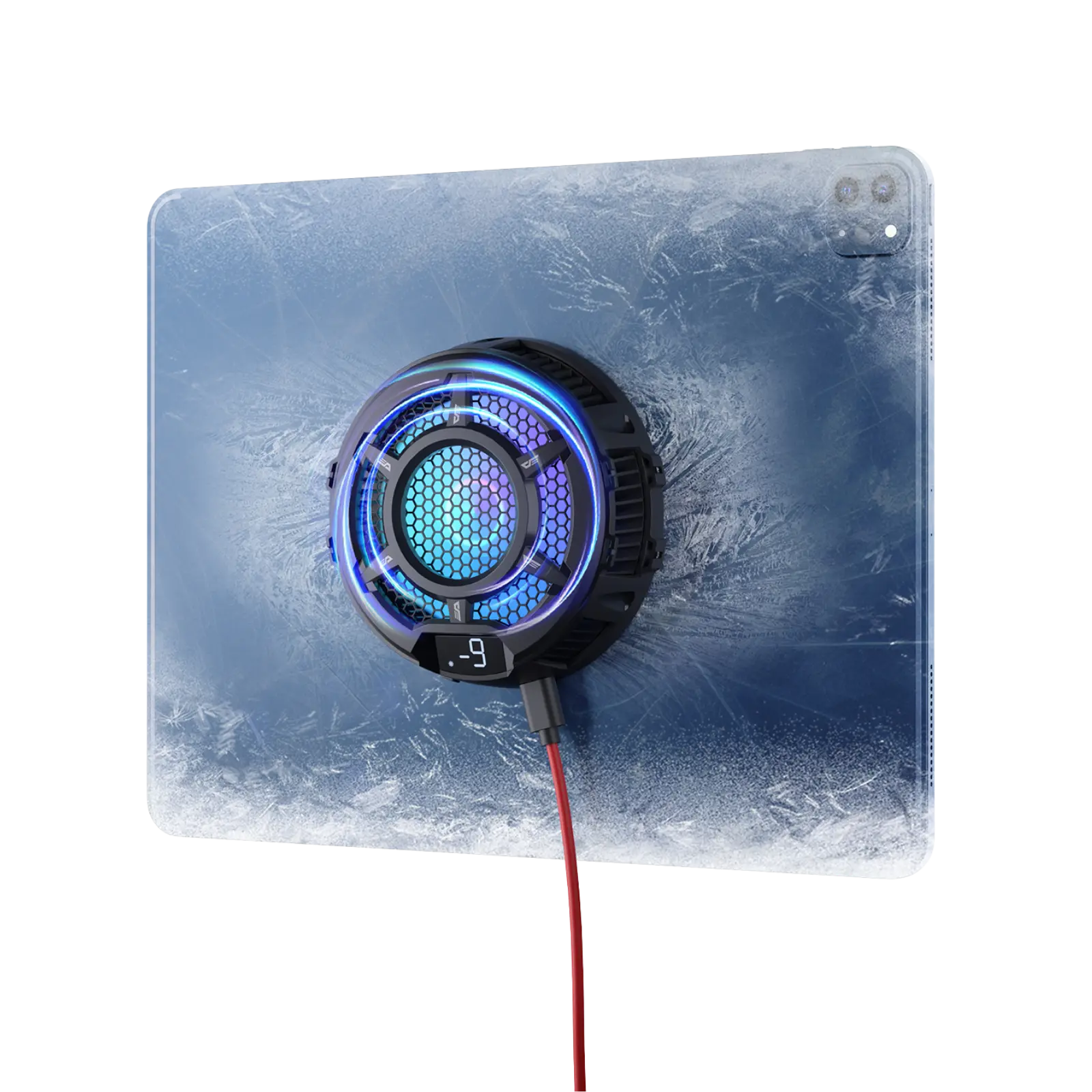 Gaming mouse pad with a central circular design and blue LED lights