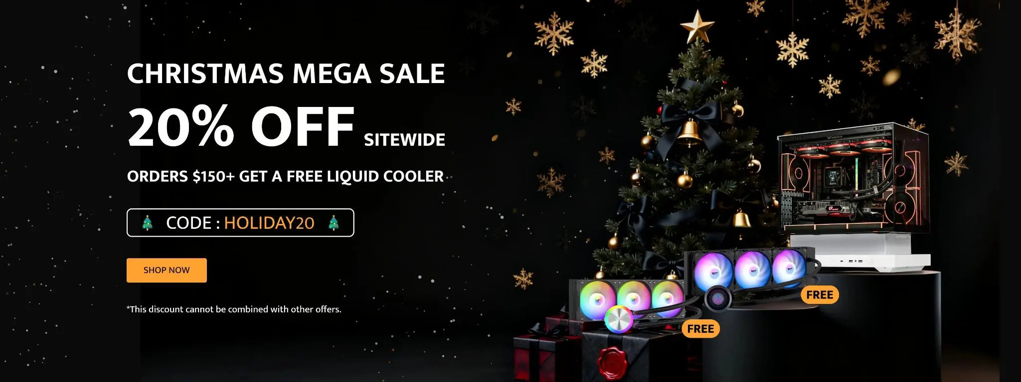 Promotional banner for a Christmas mega sale with computer hardware and festive decorations.