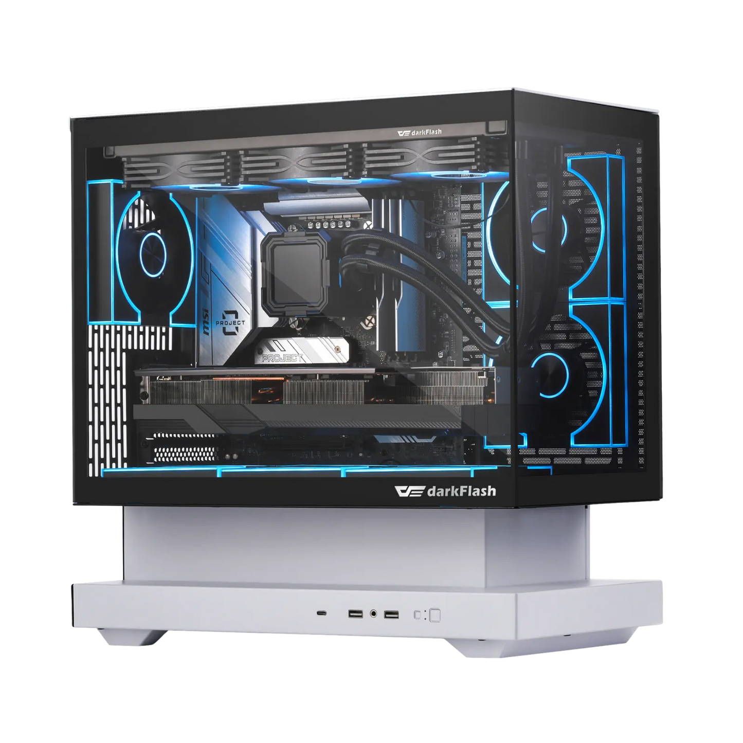 Computer case with visible internal components on a white background