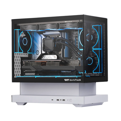 Computer case with visible internal components on a white background