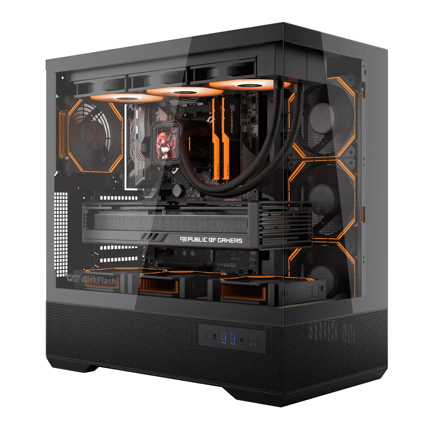 Computer case with visible internal components on a white background