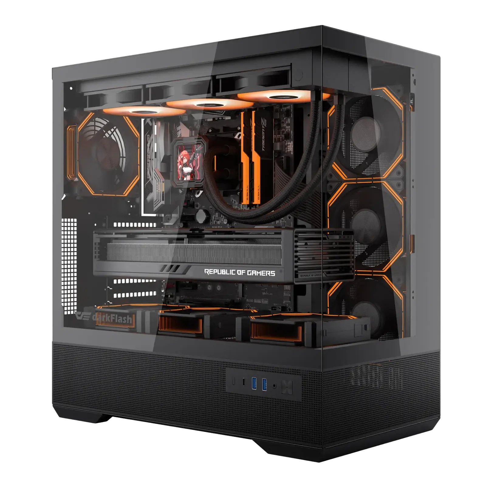 Computer case with visible internal components on a white background