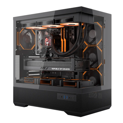 Computer case with visible internal components on a white background