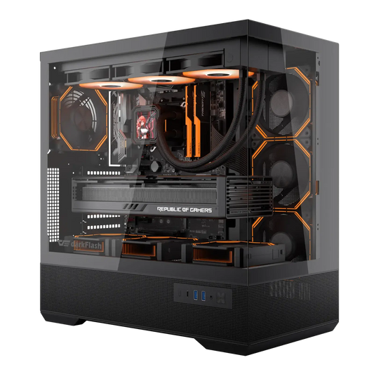 Computer case with visible internal components on a white background