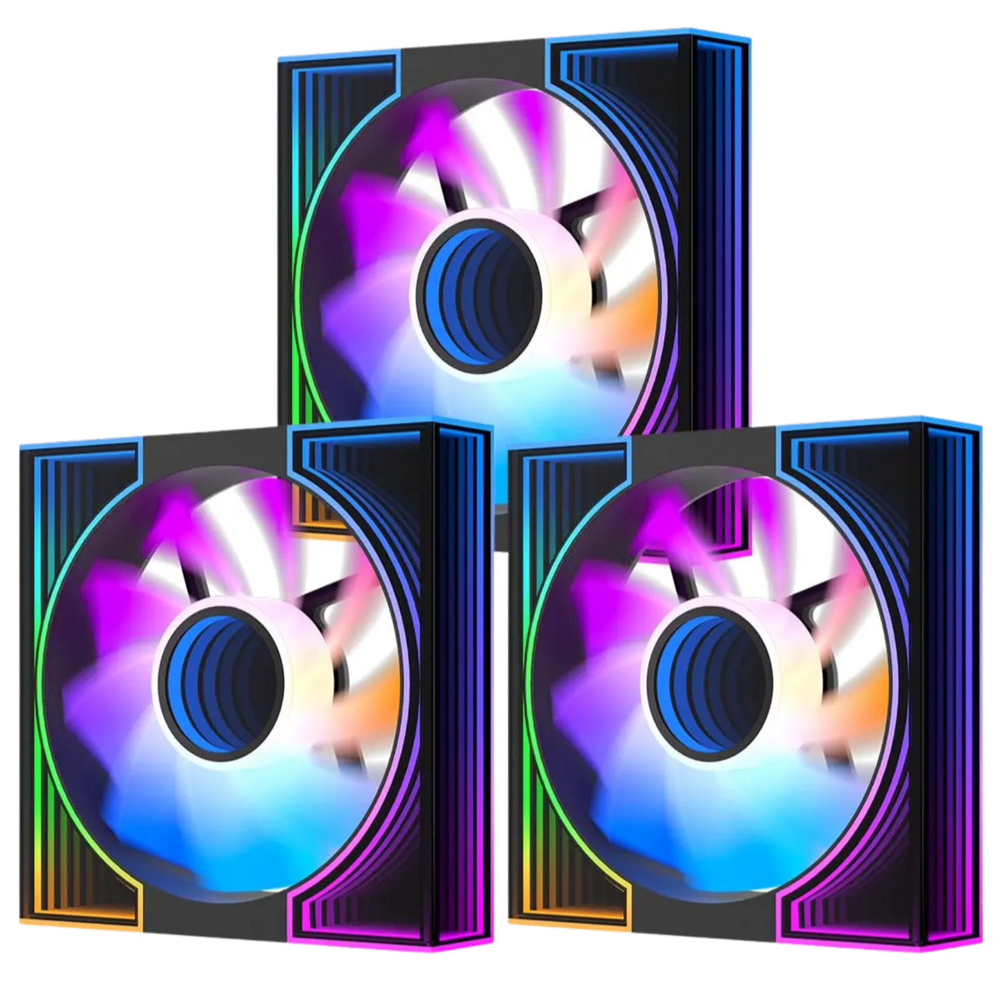 Three colorful computer fans with LED lighting on a white background