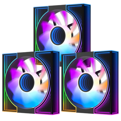 Three colorful computer fans with LED lighting on a white background