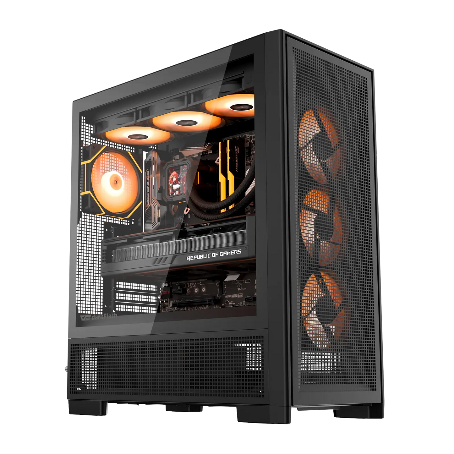 Computer case with visible cooling system on a white background