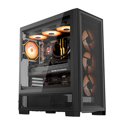 Computer case with visible cooling system on a white background