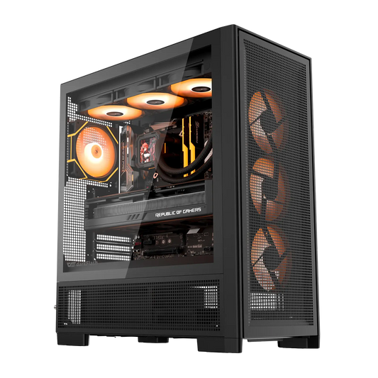 Computer case with visible cooling system on a white background