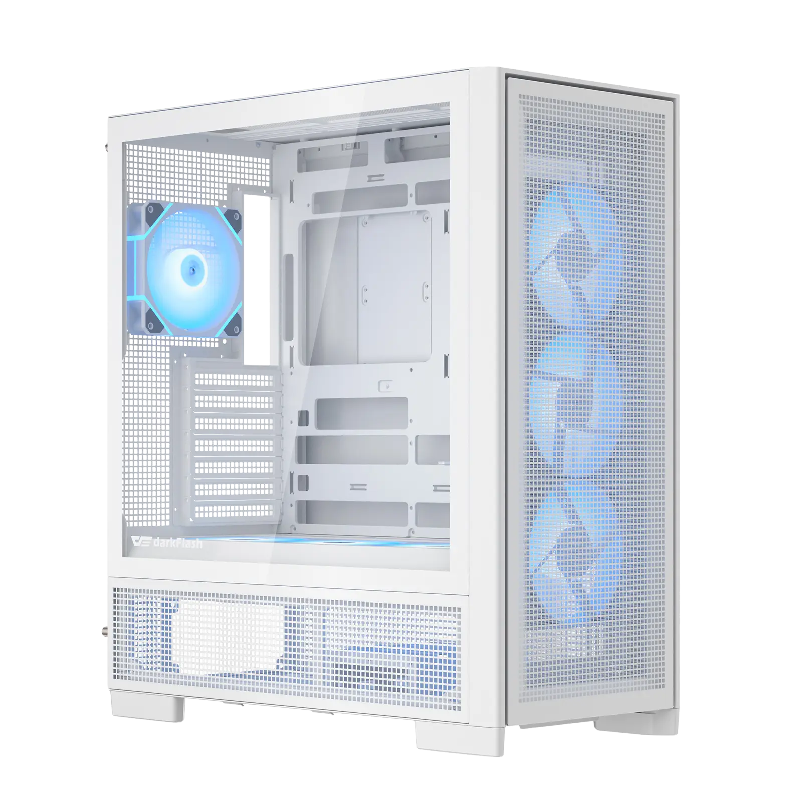 White computer case with blue LED fans