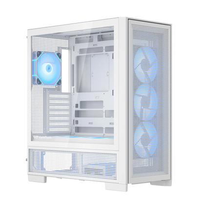 White computer case with blue LED fans