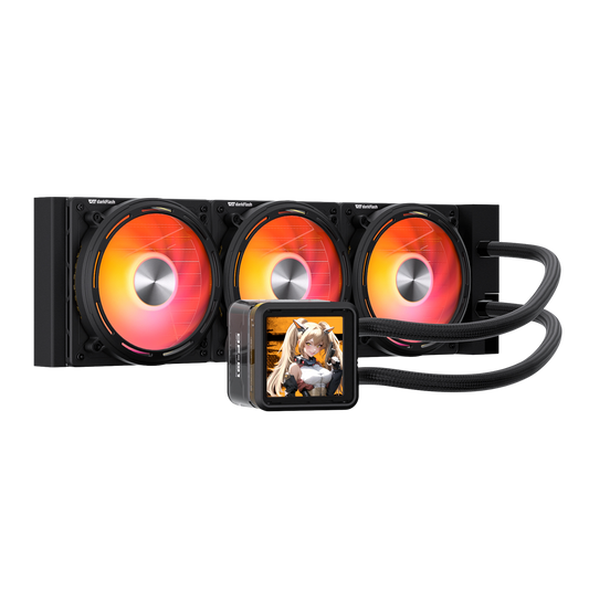 Computer cooling system with three red LED fans and a small display screen on a white background