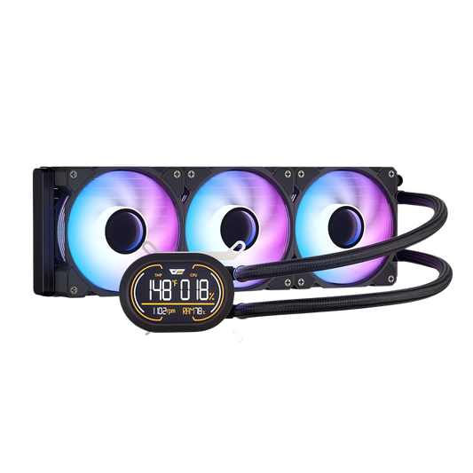 Computer cooling system with three RGB fans and a digital temperature display