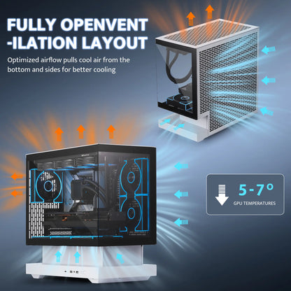 Computer case with openventilation layout and airflow diagram