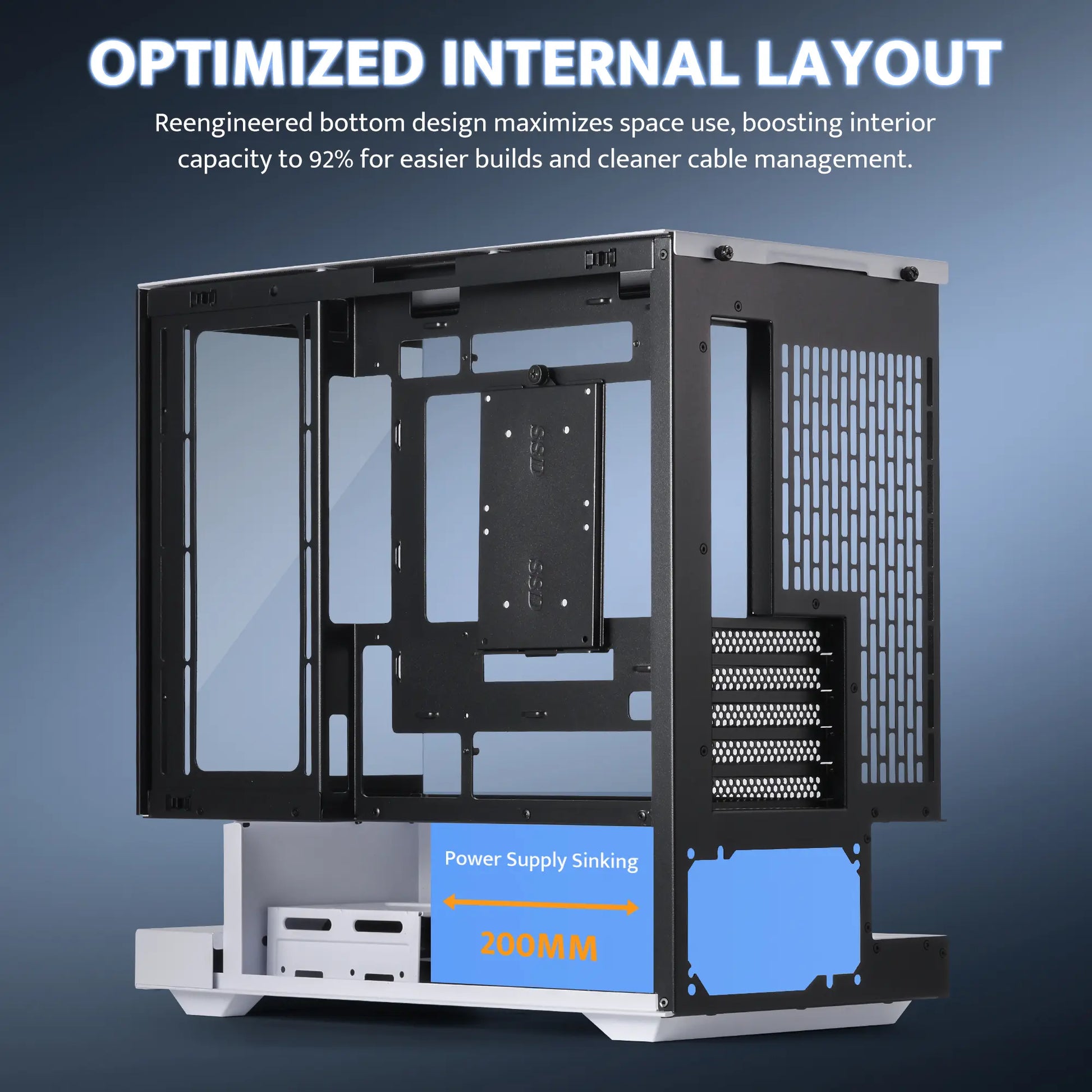Computer case with optimized internal layout on a blue gradient