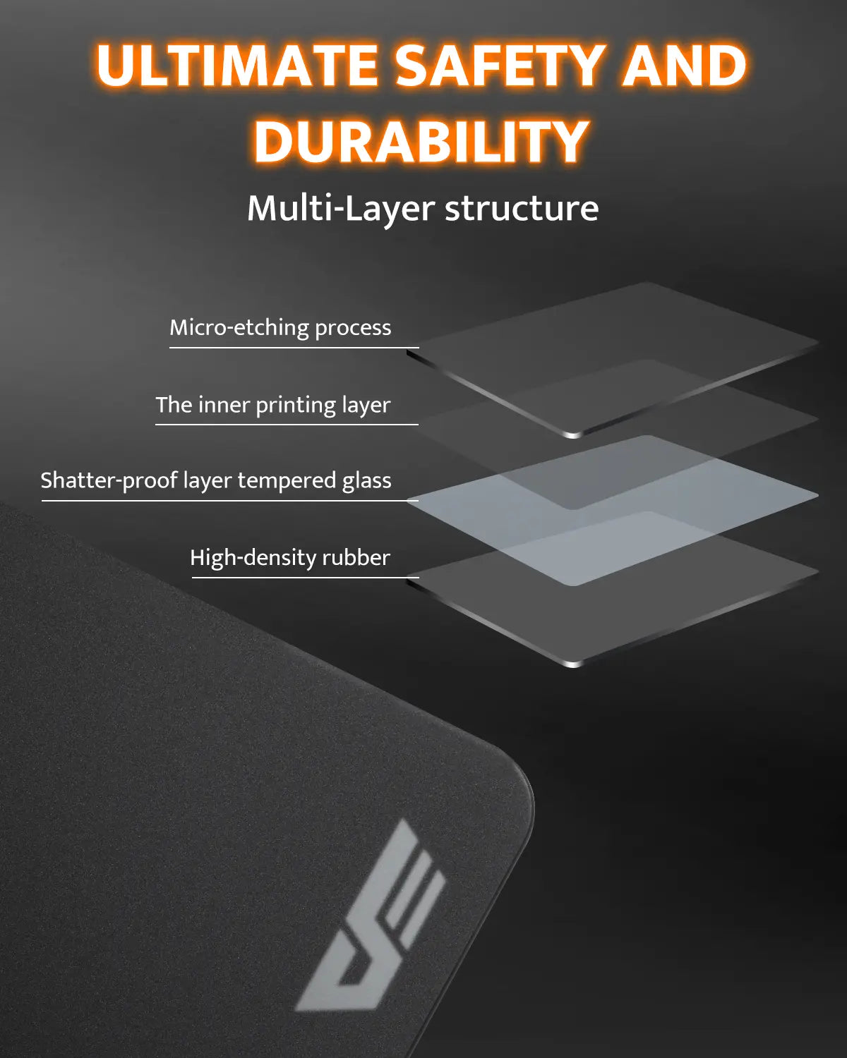 Multilayered protective screen with text on safety and durability, featuring a brand logo.