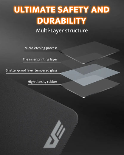 Multilayered protective screen with text on safety and durability, featuring a brand logo.