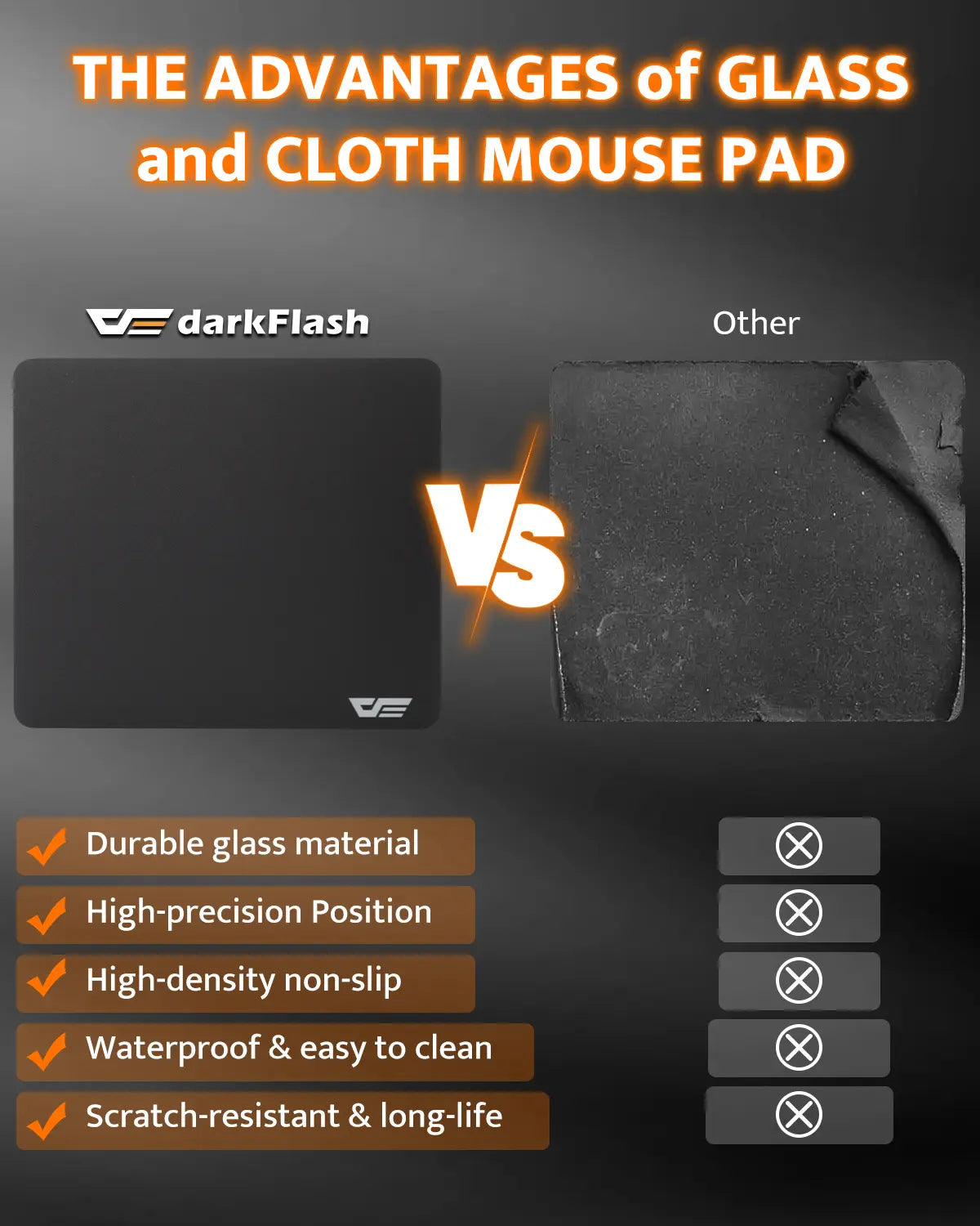 Comparison chart of darkFlash glass mouse pad vs other material mouse pad with advantages listed.