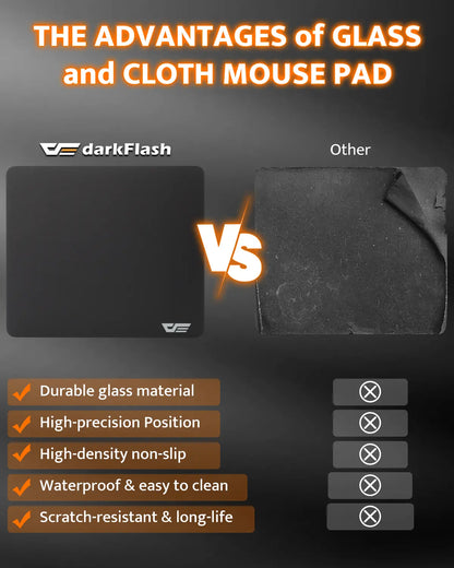 Comparison chart of darkFlash glass mouse pad vs other material mouse pad with advantages listed.