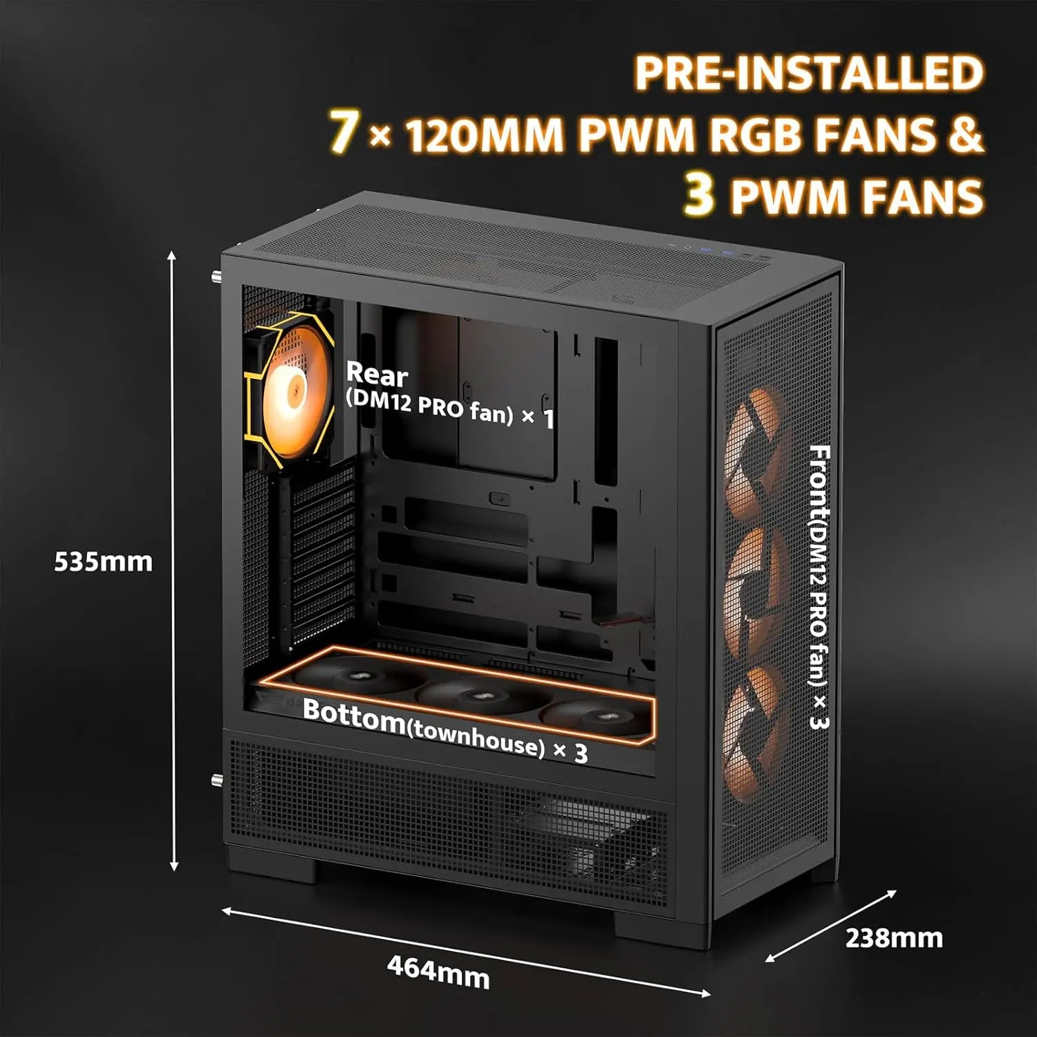 Computer case with pre-installed fans and dimensions on a black background