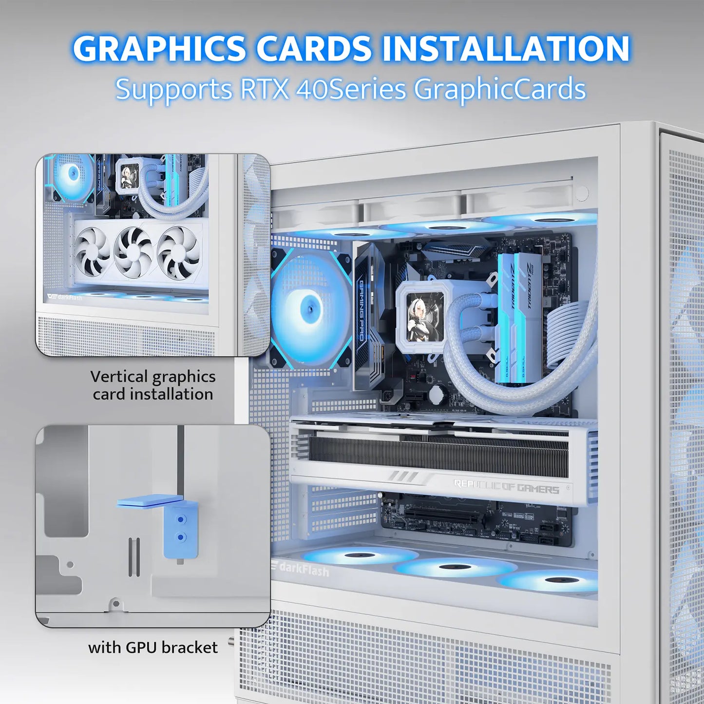 Computer case with graphics card installation guide and support for RTX 40Series graphic cards.