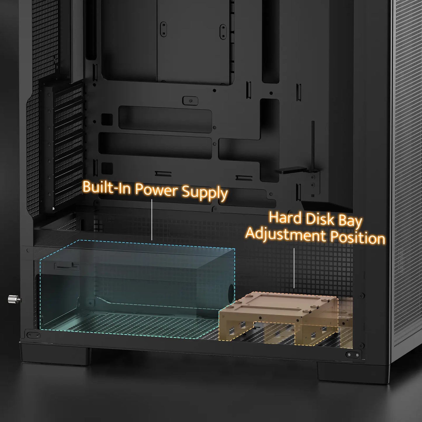 Computer case with open side panel showing internal components