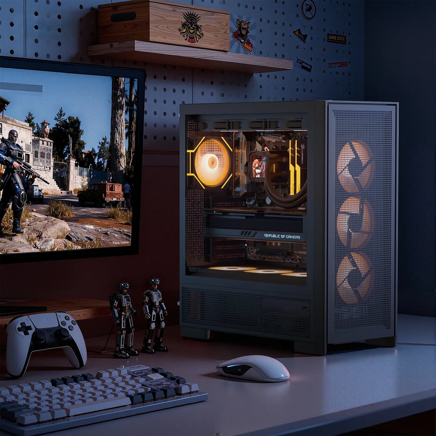 Gaming setup with computer case, monitor, keyboard, and mouse on a desk.