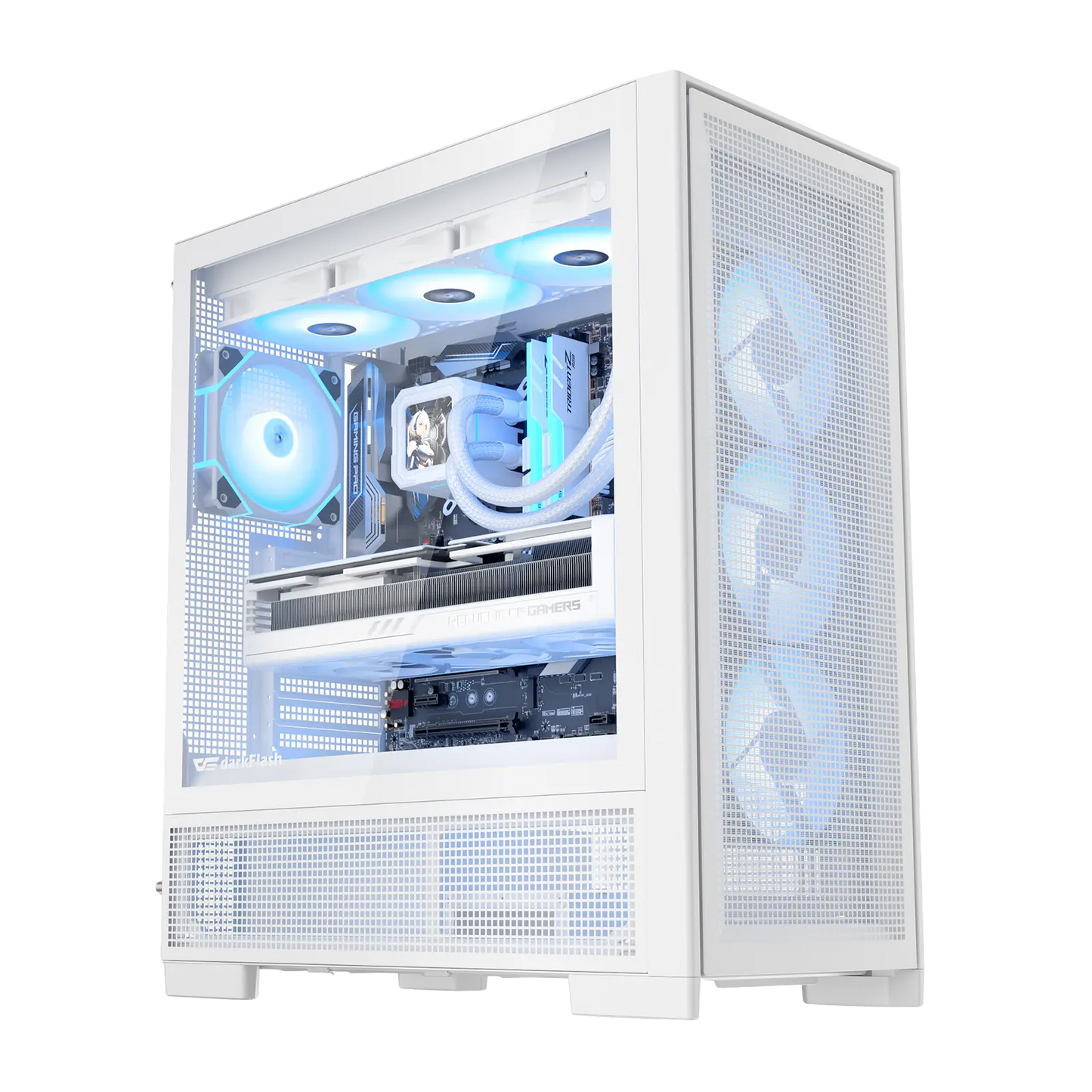 Computer case with visible internal components and blue lighting
