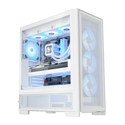 Computer case with visible internal components and blue lighting