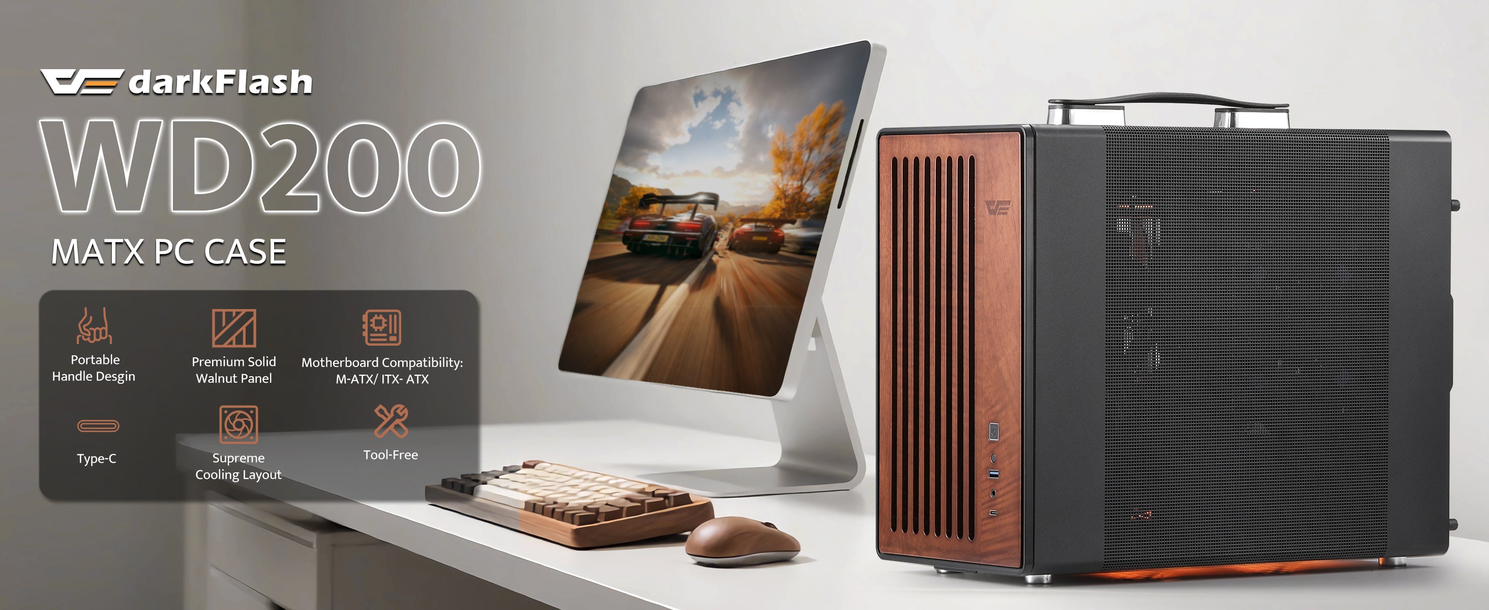 darkFlash WD200 MATX PC case with monitor and keyboard on a white surface, featuring darkFlash branding.