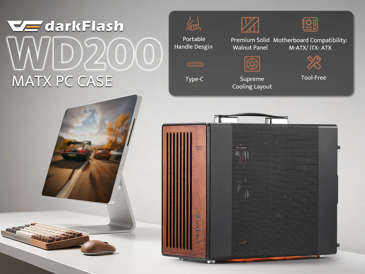 darkFlash WD200 MATX PC case with monitor and keyboard 