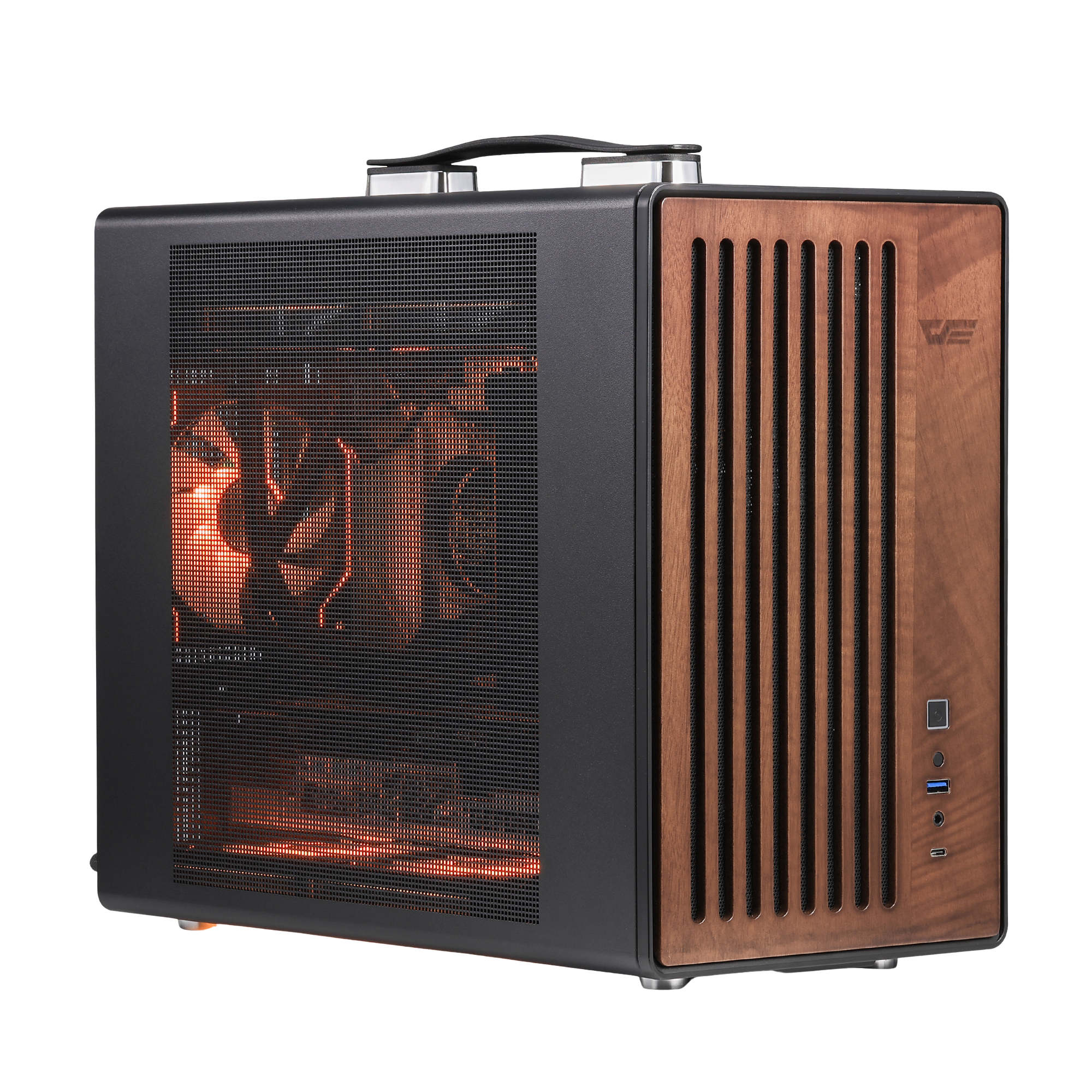 darkFlash WD200 MATX PC case with wooden side panel and glass front pane