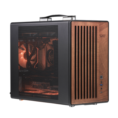 darkFlash WD200 MATX PC case with wooden side panel and glass front pane