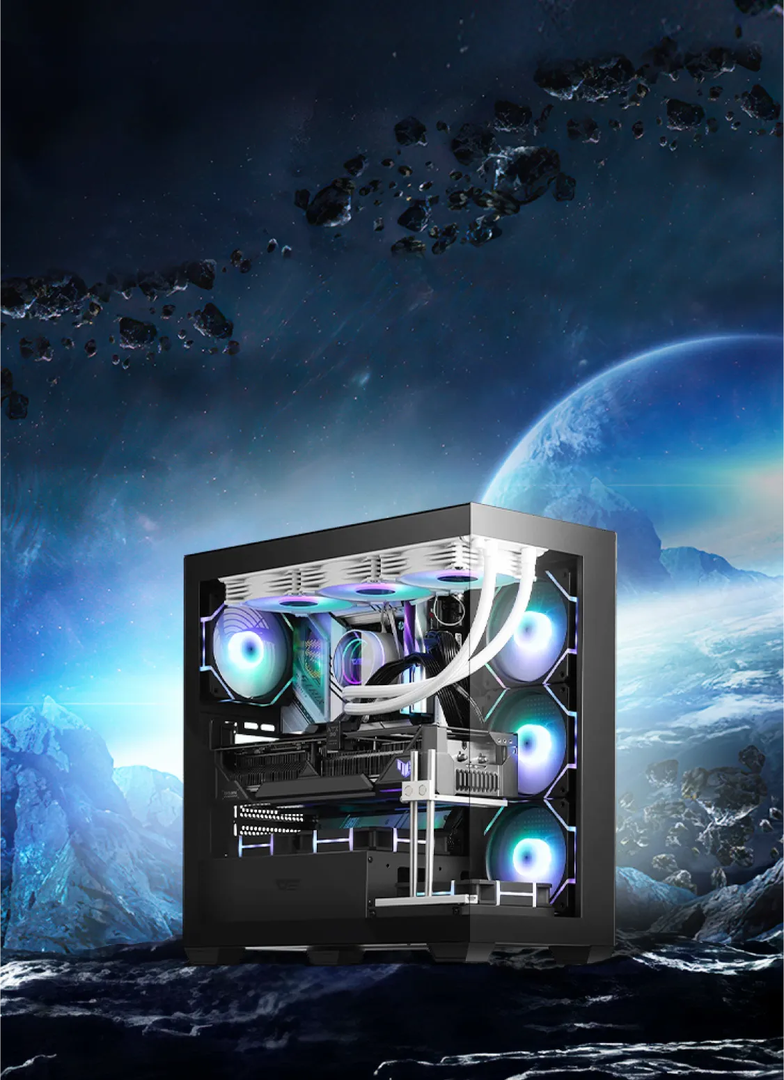 Computer hardware case with glowing components against a space-themed background