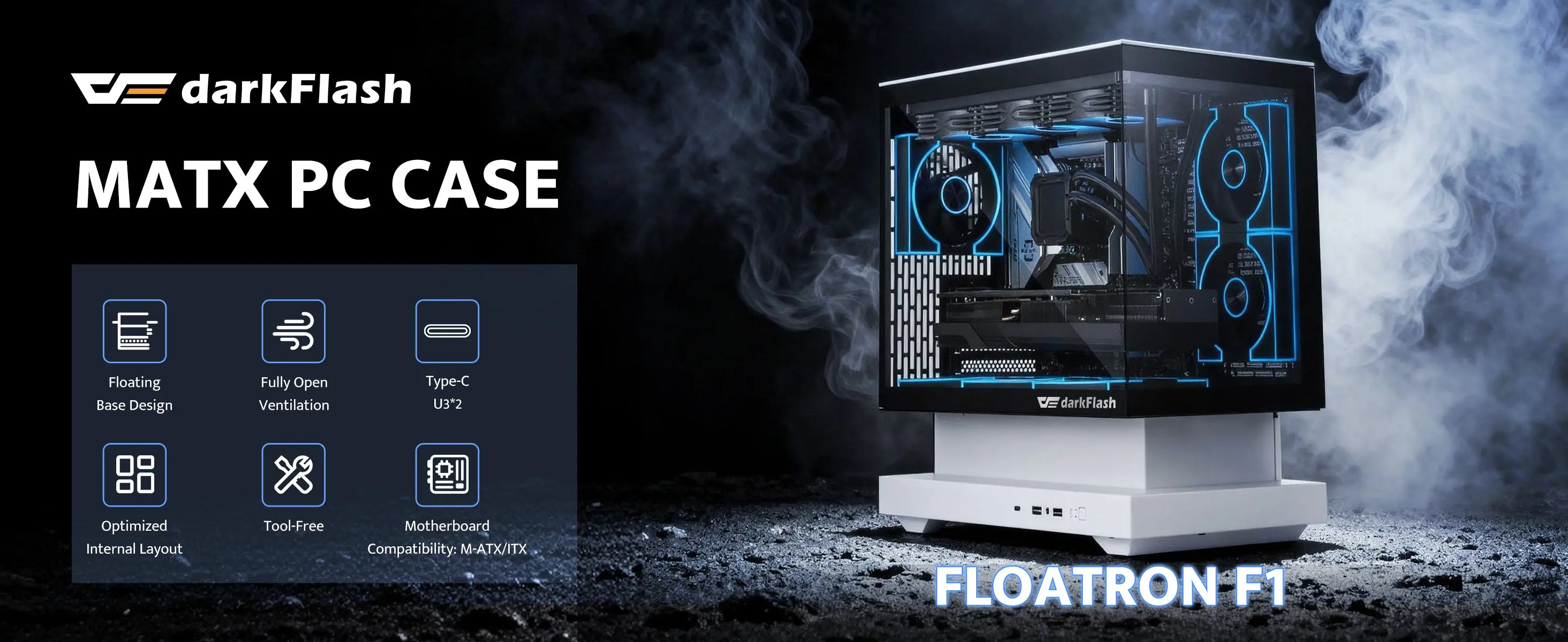 darkFlash MATX PC case with specifications on a dark background