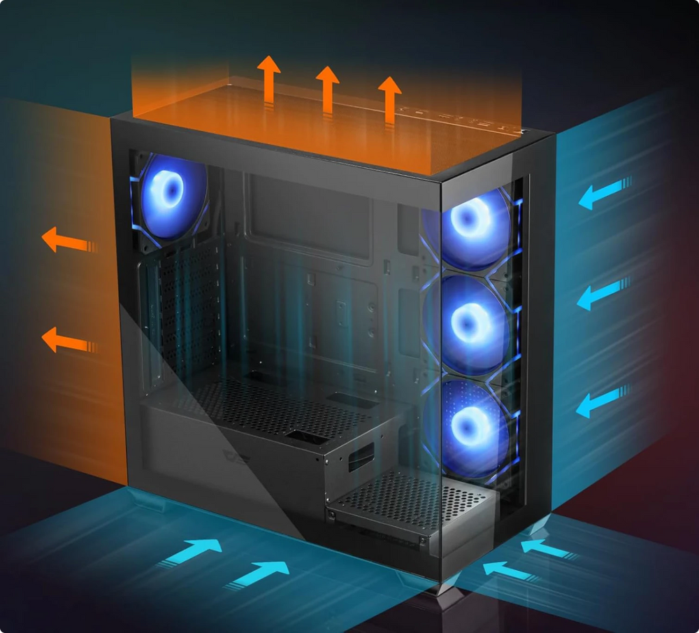 Computer case with cooling system illustration, showing air flow and lights.