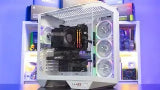 Computer hardware components inside a case with RGB lighting 