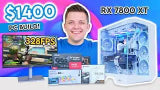 Promotional graphic for a PC build featuring a person, graphics card, monitor, and gaming setup.