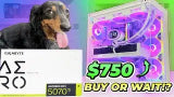Dog next to a computer graphics card with text asking 'Buy or Wait?'
