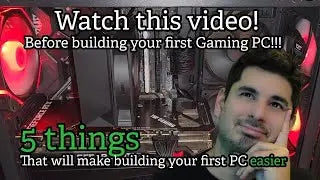 Promotional graphic for a video on building a gaming PC with text overlay and computer hardware imagery.